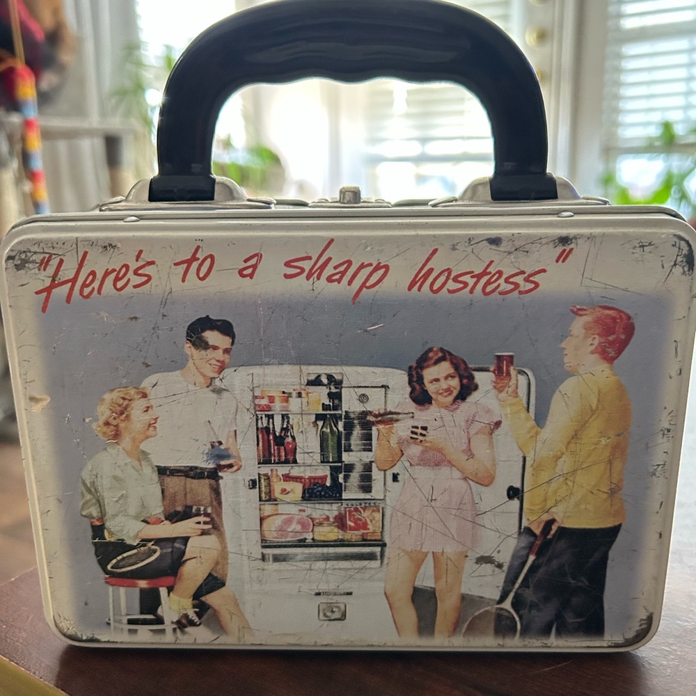 Vintage Retro Storage Collectible Tin Tote Bin Container Purse Handbag